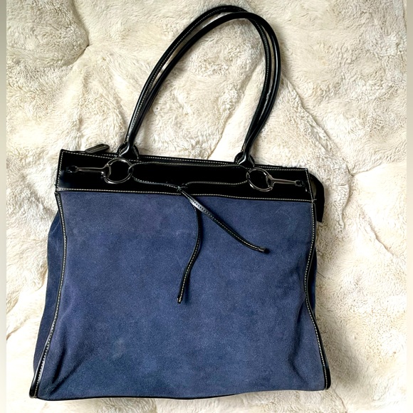 Franklin Covey Blue Suede Leather Shoulder Equestrian Bag Purse - Picture 6 of 13